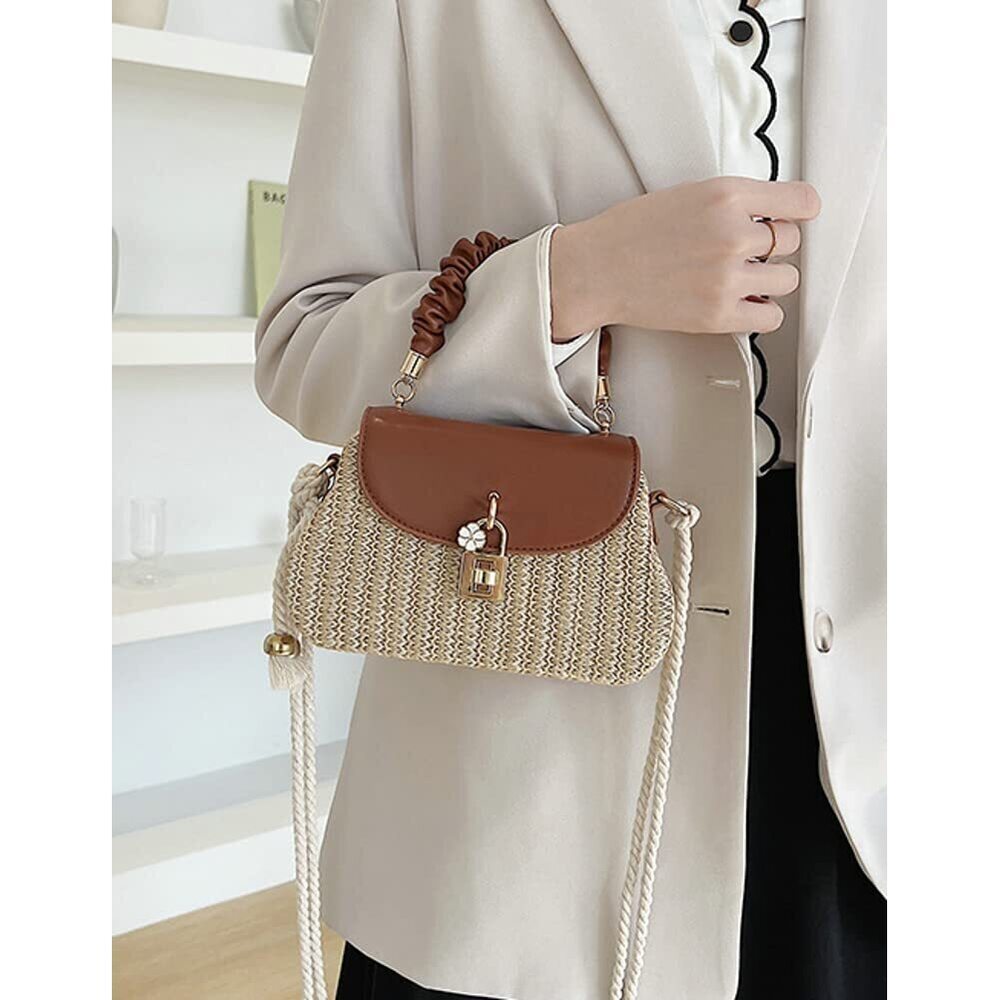8870 Straw Crossbody Bag Hand Woven Shoulder Bag Leather Top Handle Small - Picture 2 of 8